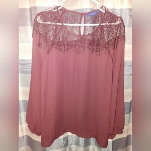XXL APT 9 Maroon Long Sleeve Top, Sheer, Lace Detail, Plus Size